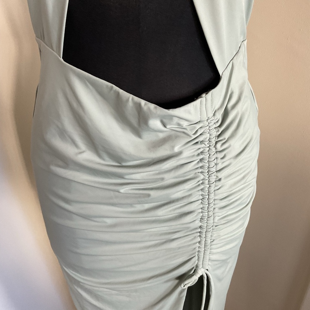 Babyboo Sage Green Cut-Out Halter Maxi Dress Ruched Slit Night Out Size L - Picture 8 of 9